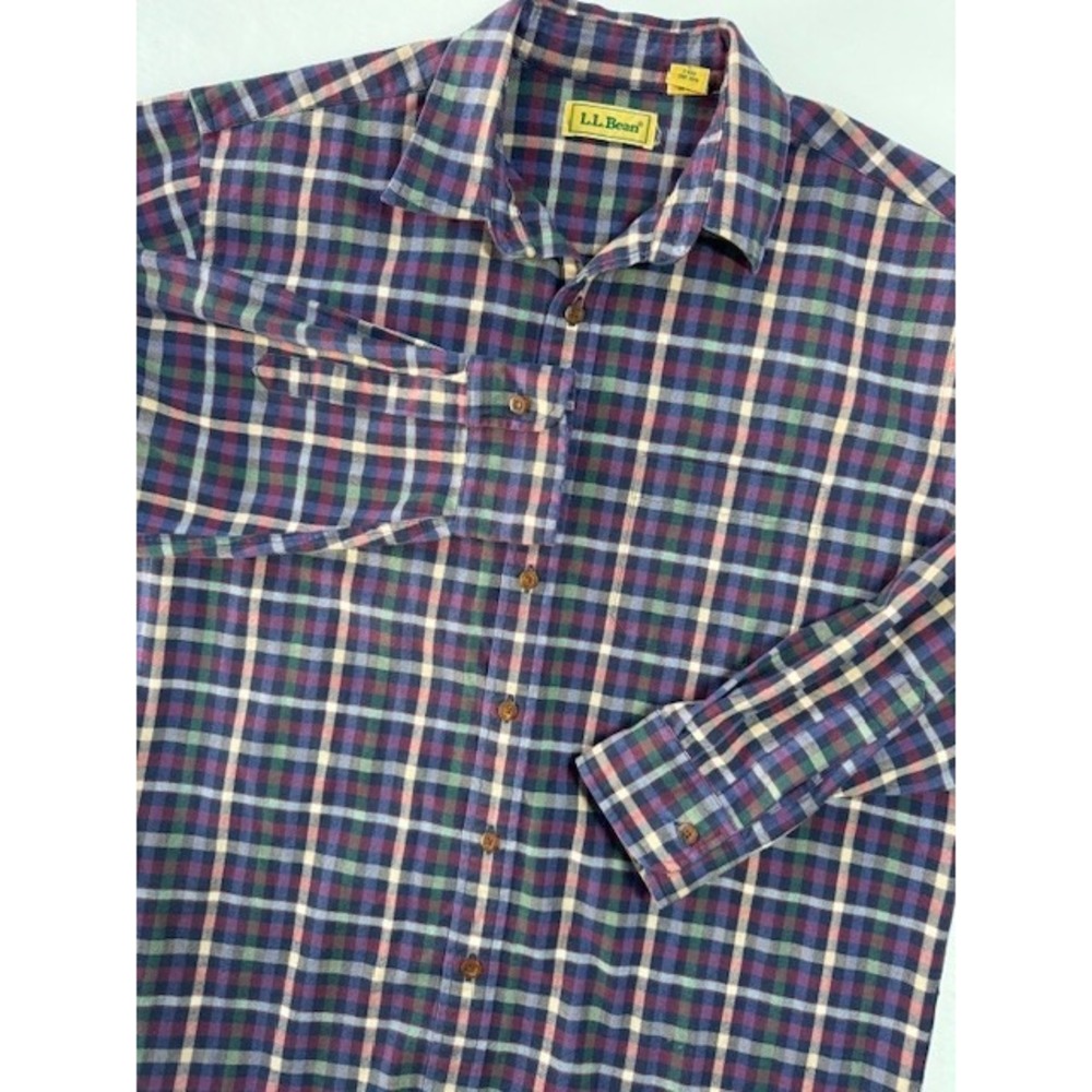 Vintage LL Bean Shirt Mens LRG Green Blue Burgundy Plaid Long Sleeve Button Down